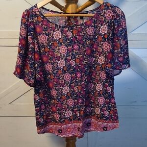Lucky Brand Floral Blouse With Cutout  Pink and Blue
